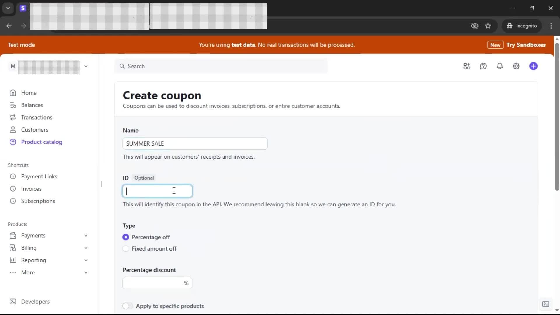 Creating a discount code screenshot