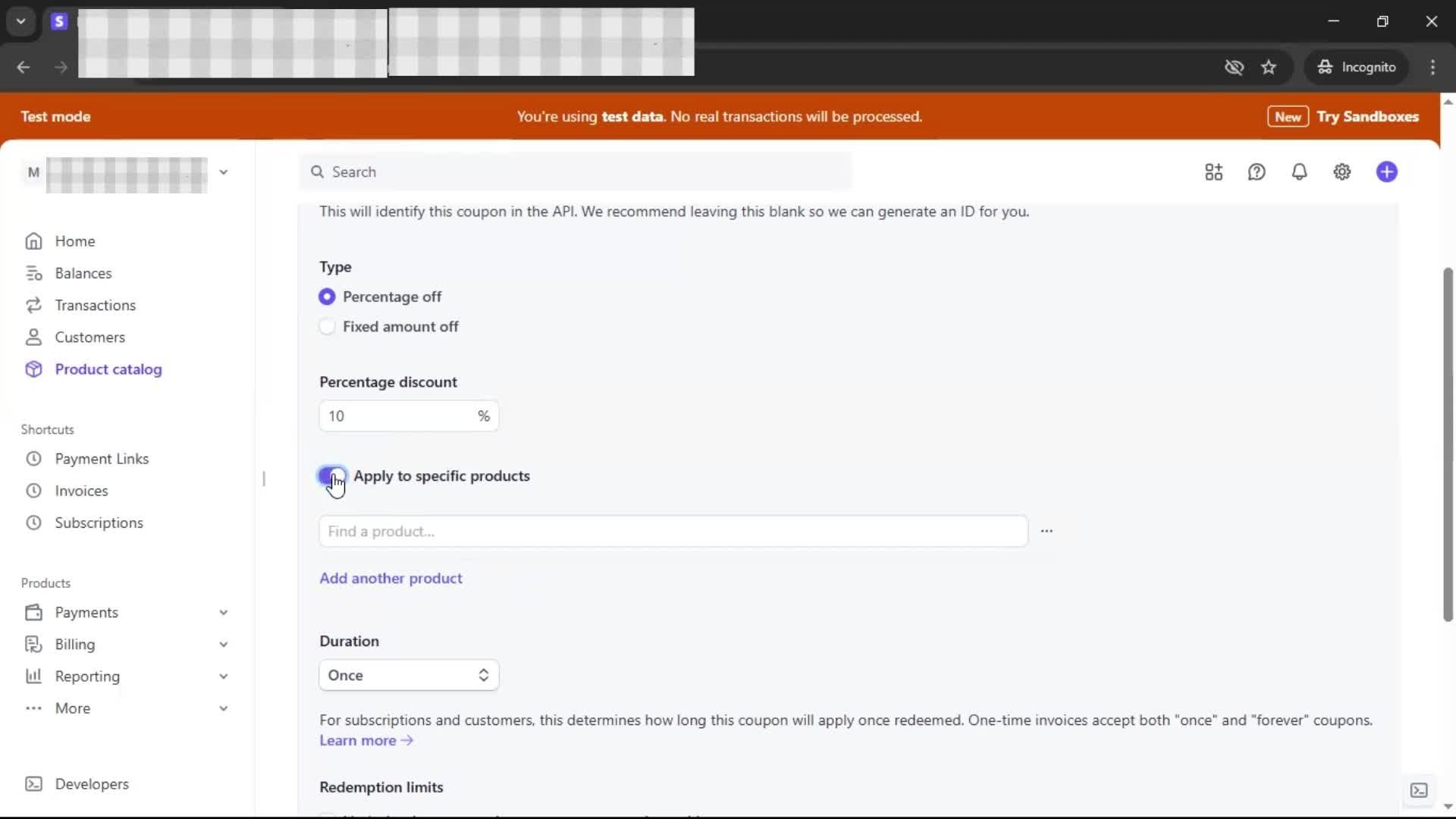 Creating a discount code screenshot