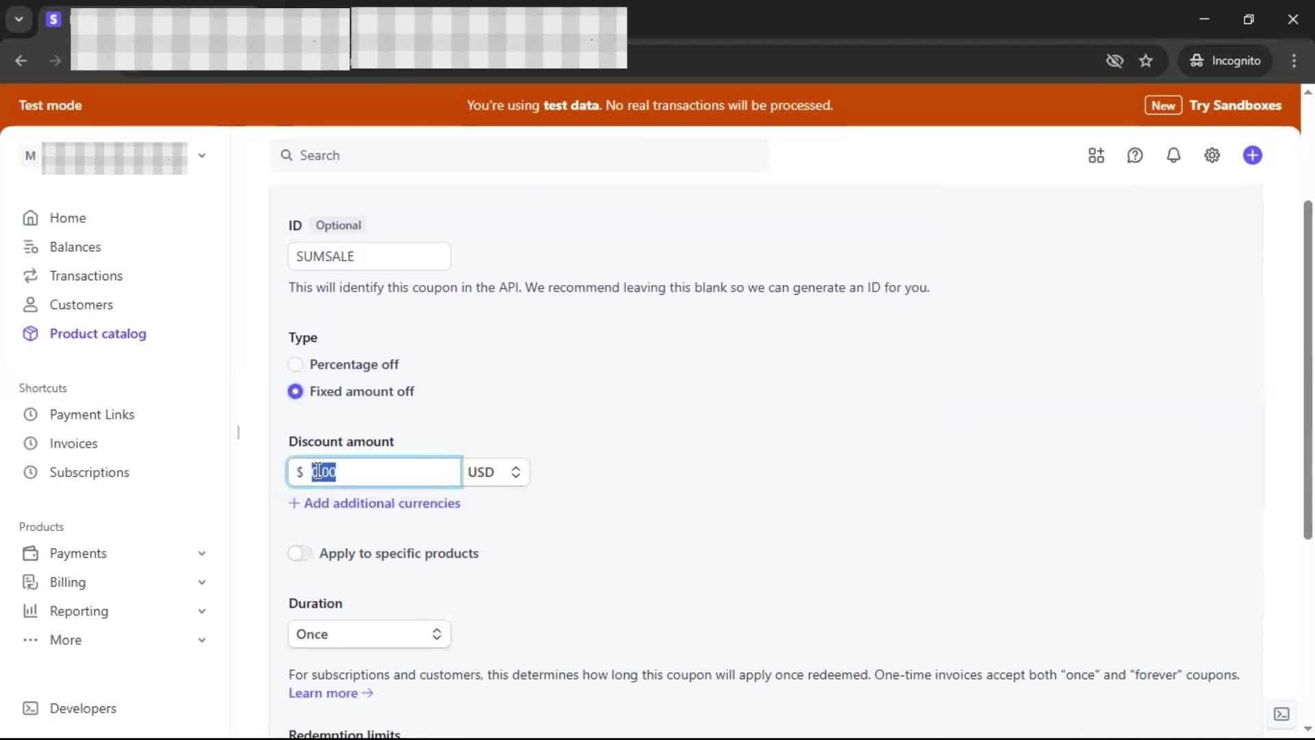 Creating a discount code screenshot