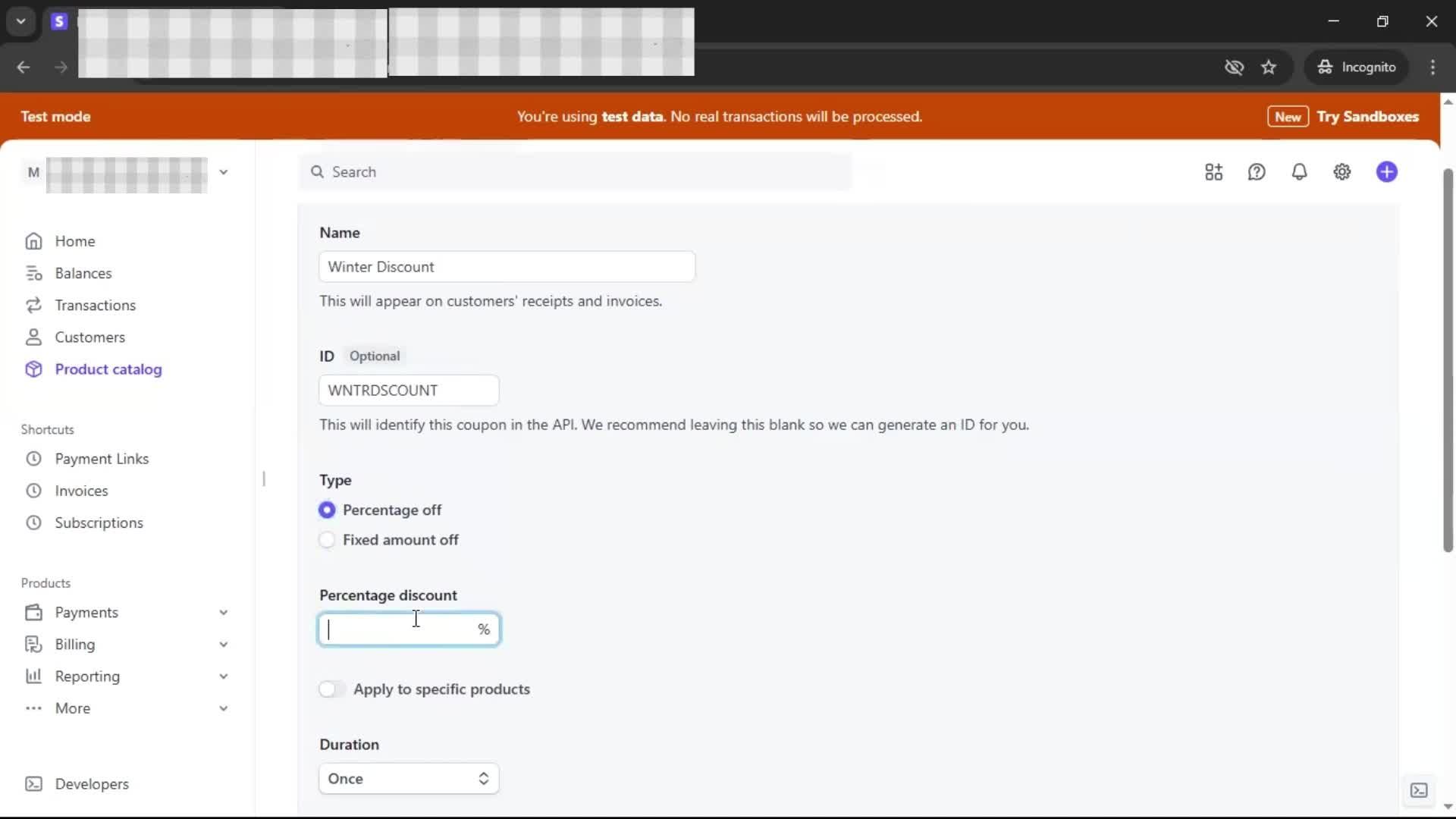 Creating a discount code screenshot