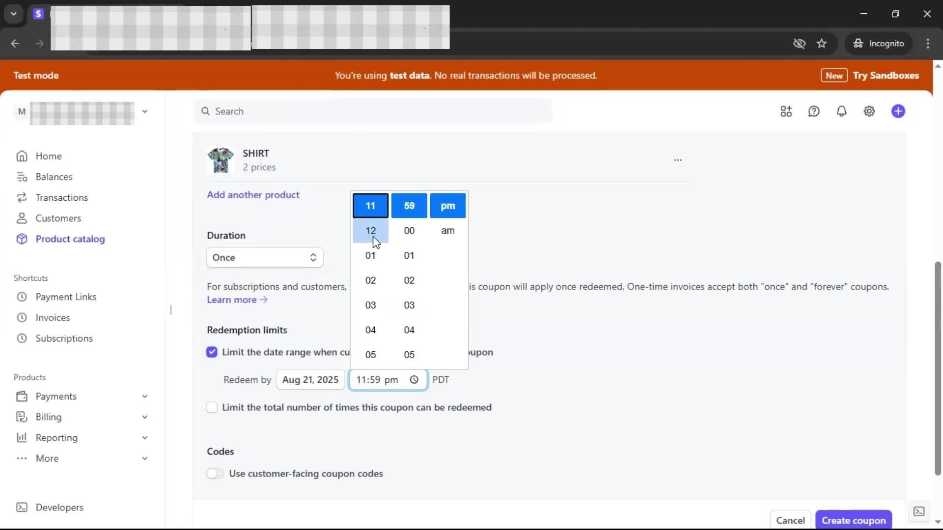 Creating a discount code screenshot