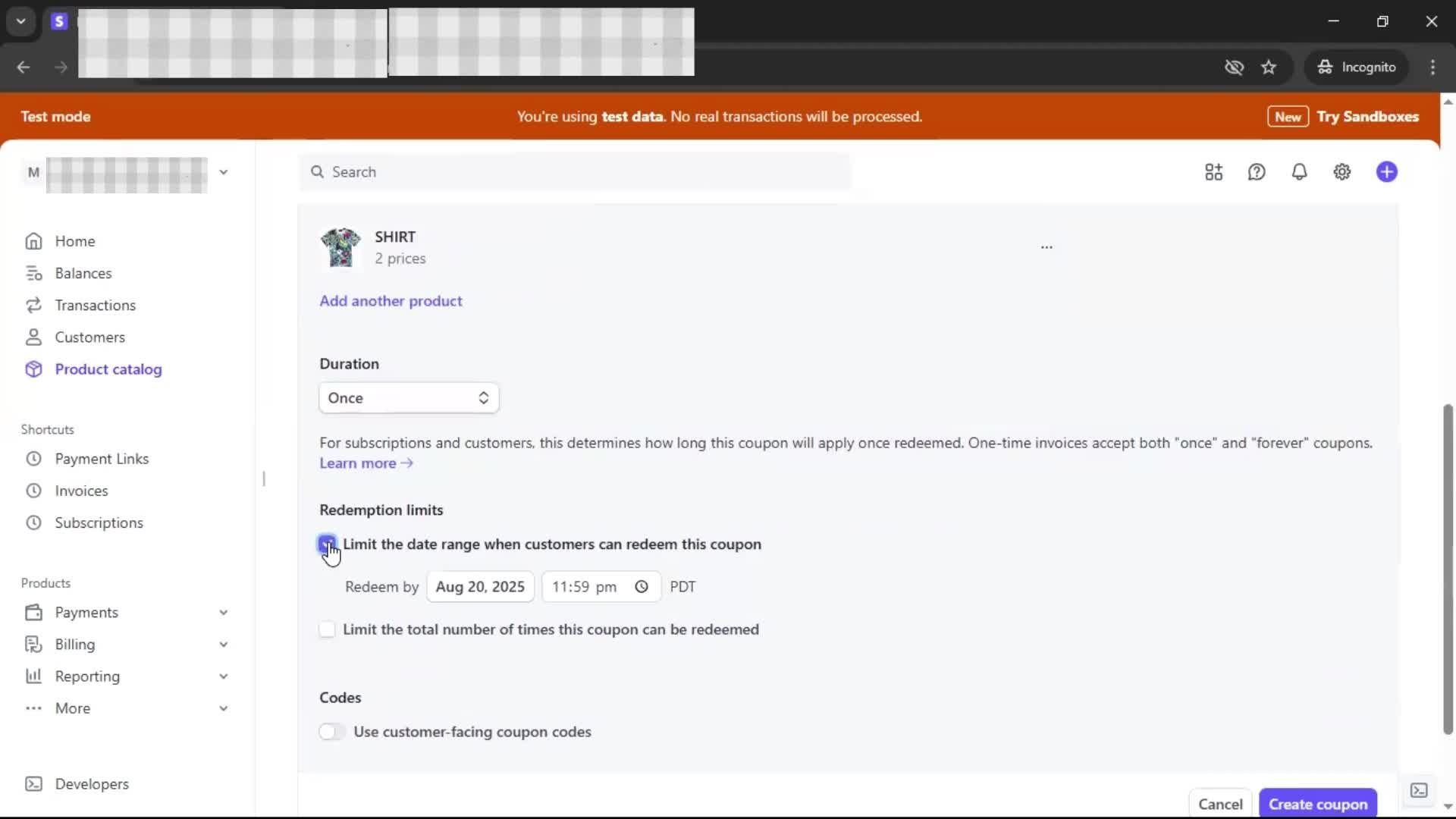 Creating a discount code screenshot