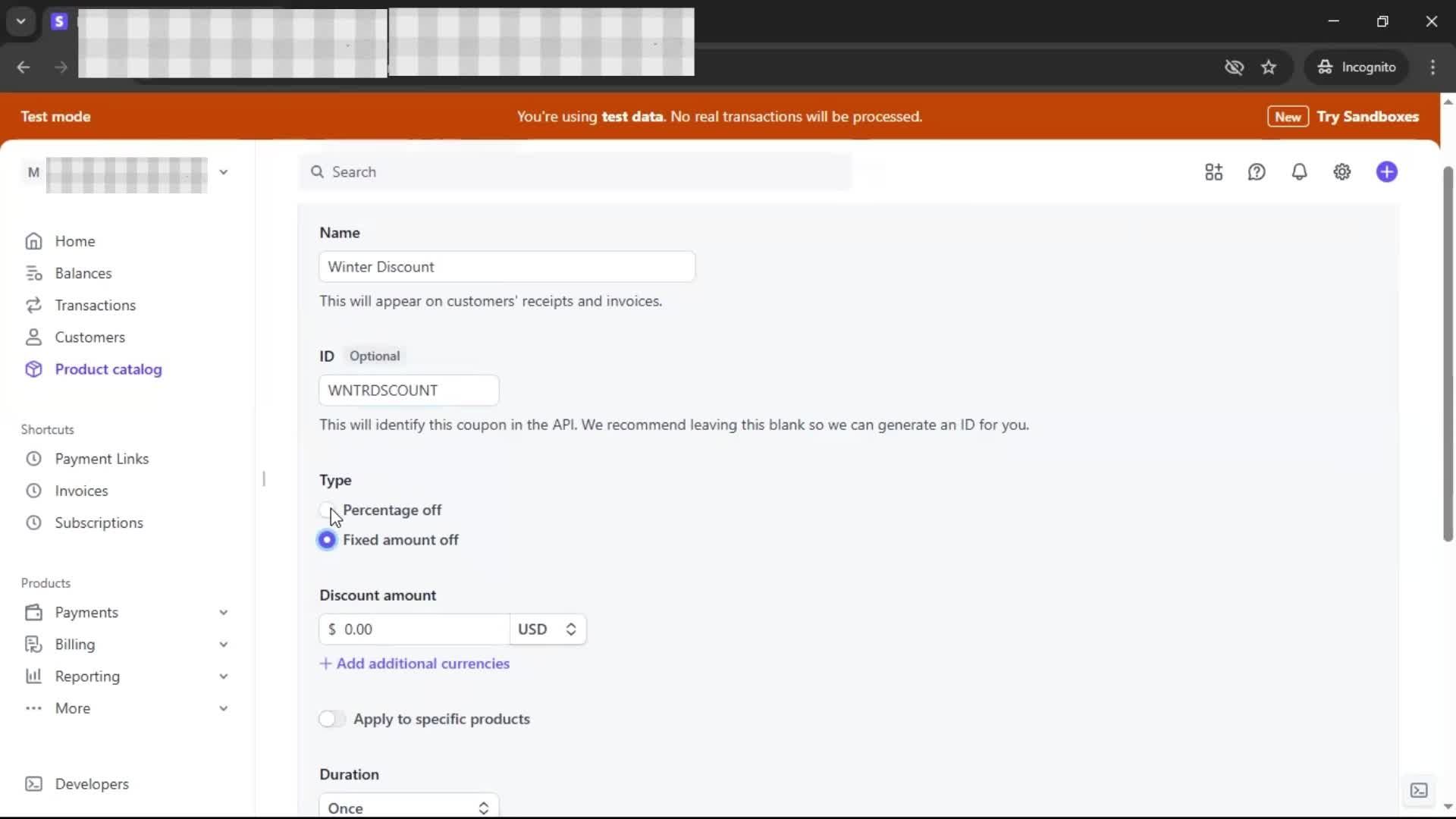 Creating a discount code screenshot