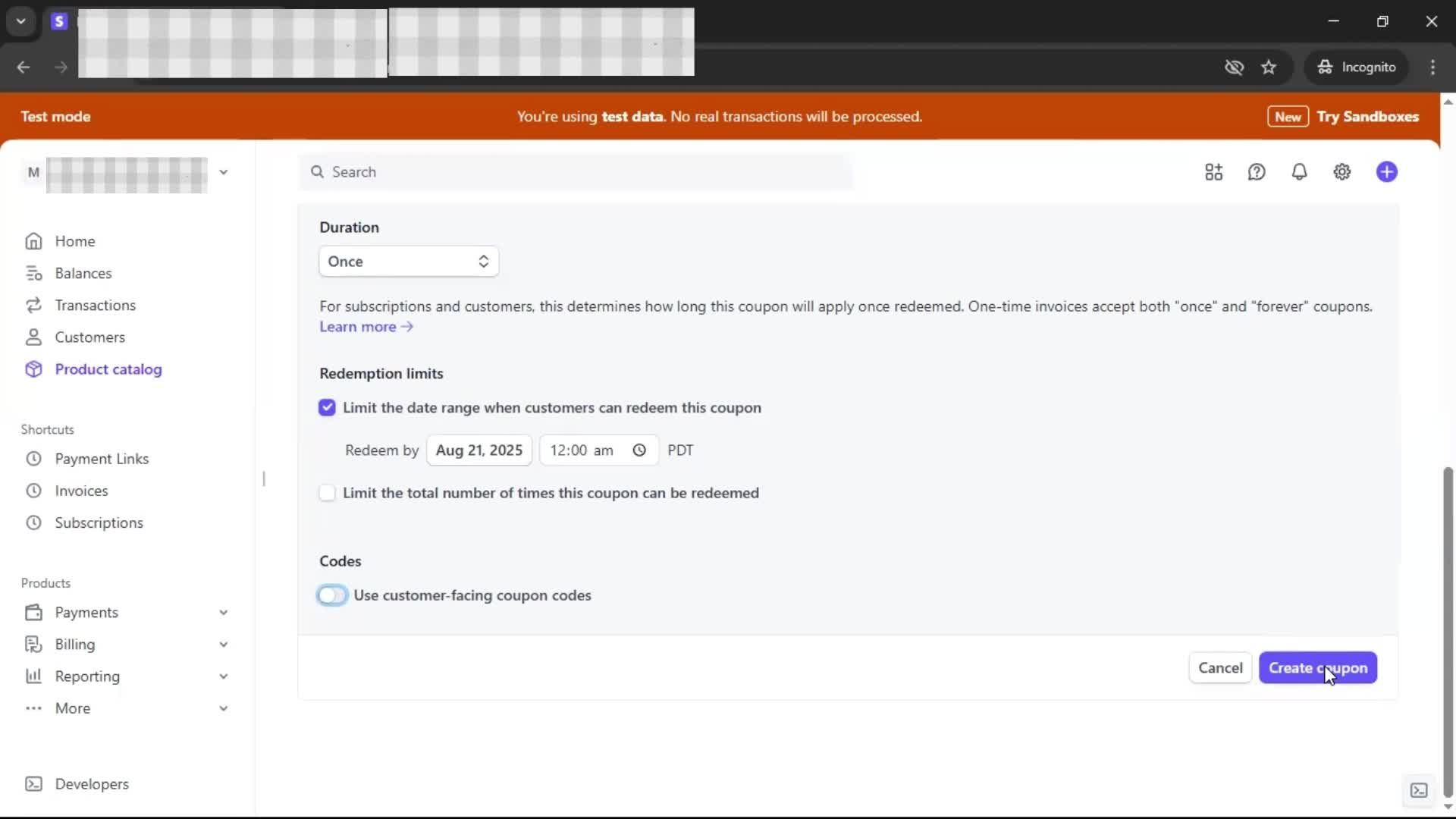 Creating a discount code screenshot