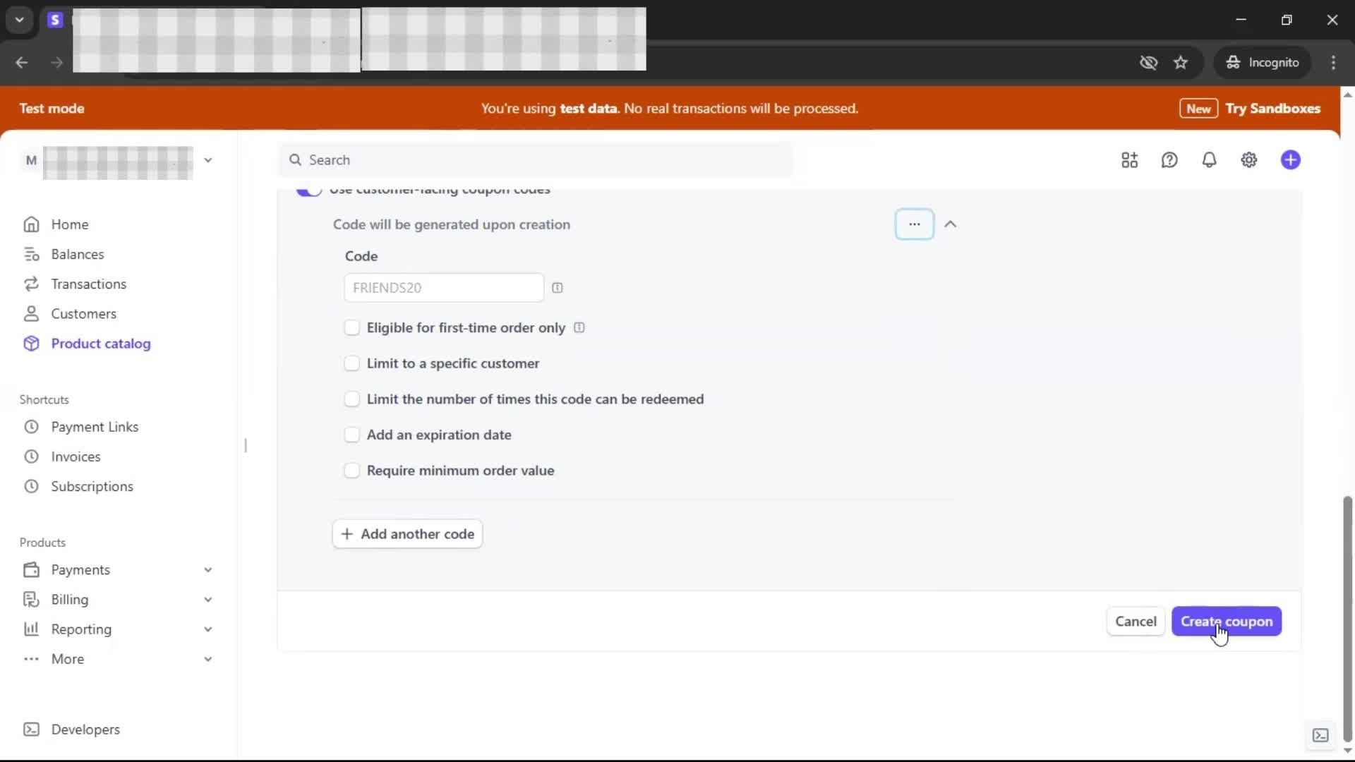 Creating a discount code screenshot