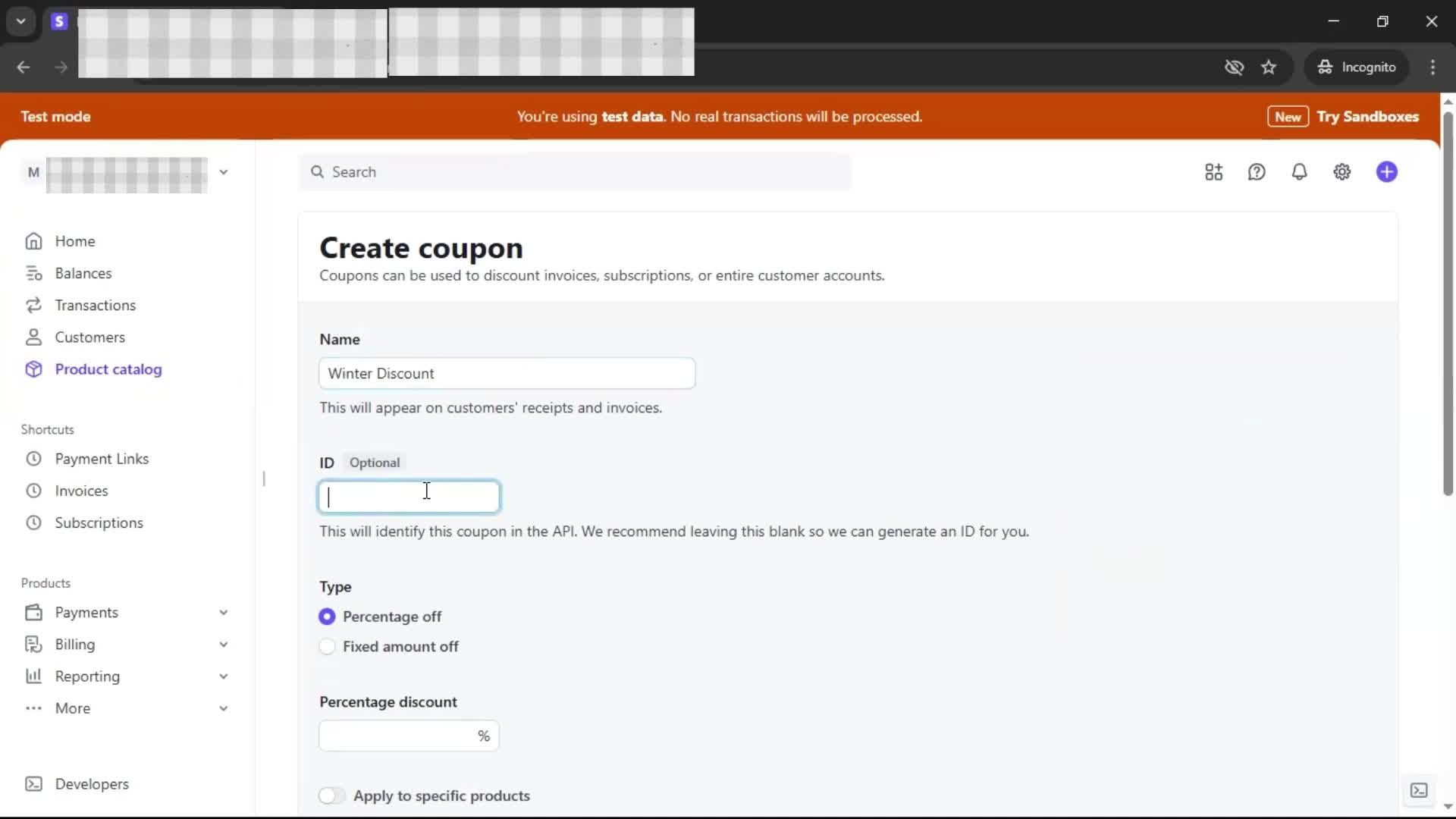 Creating a discount code screenshot