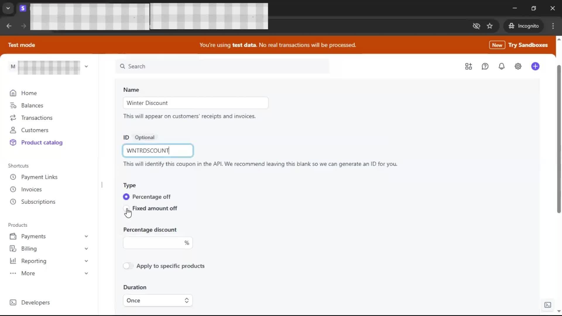 Creating a discount code screenshot