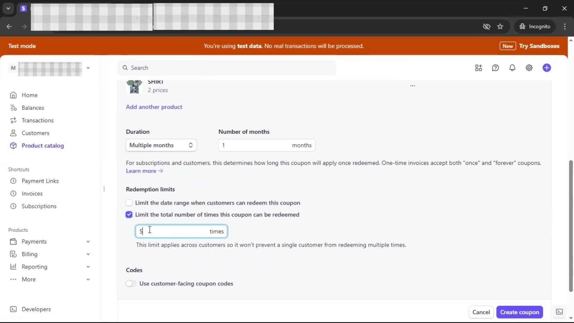 Creating a discount code screenshot