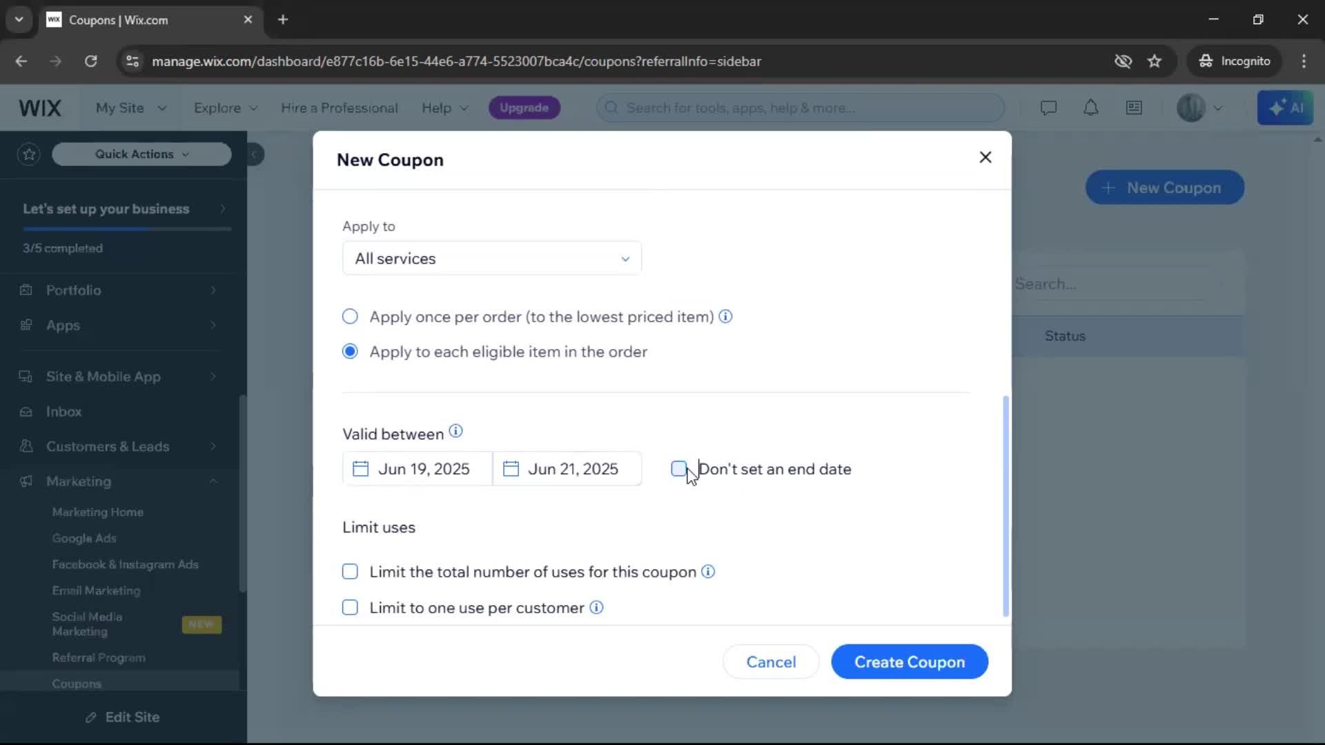 Creating a discount code screenshot