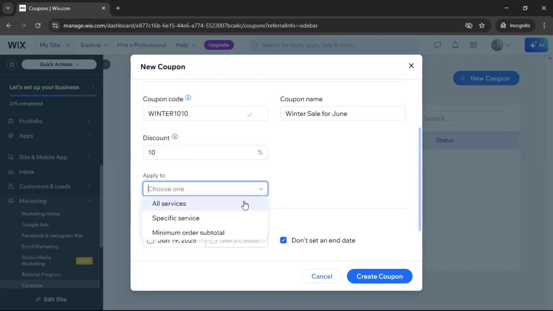 Creating a discount code screenshot