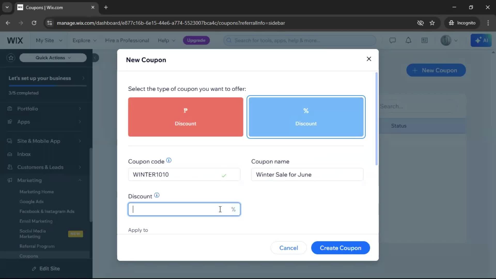 Creating a discount code screenshot