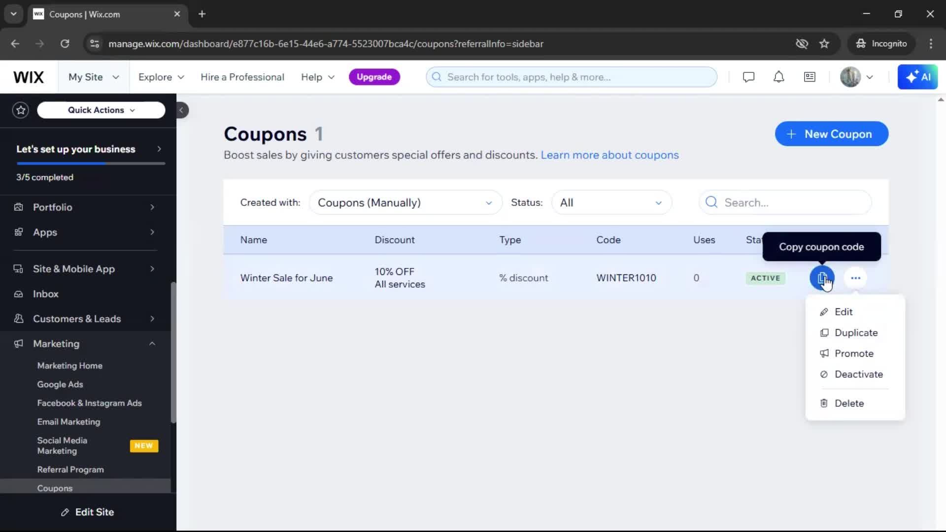 Creating a discount code screenshot
