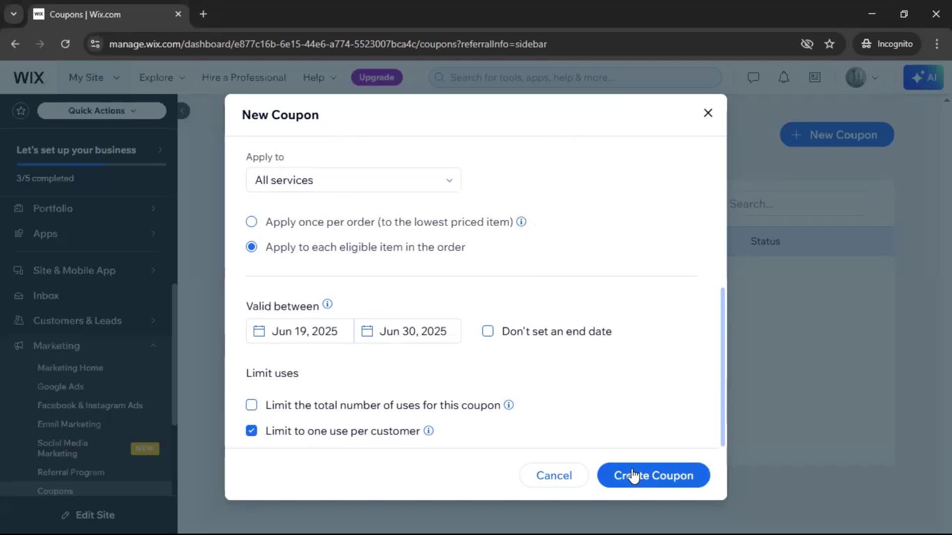 Creating a discount code screenshot