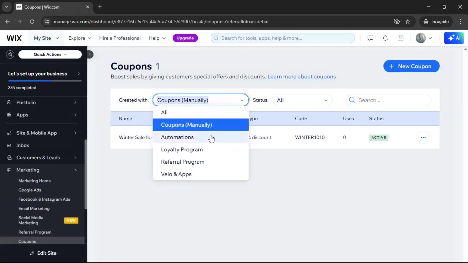 Creating a discount code screenshot