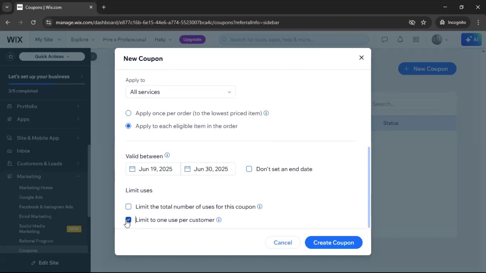 Creating a discount code screenshot