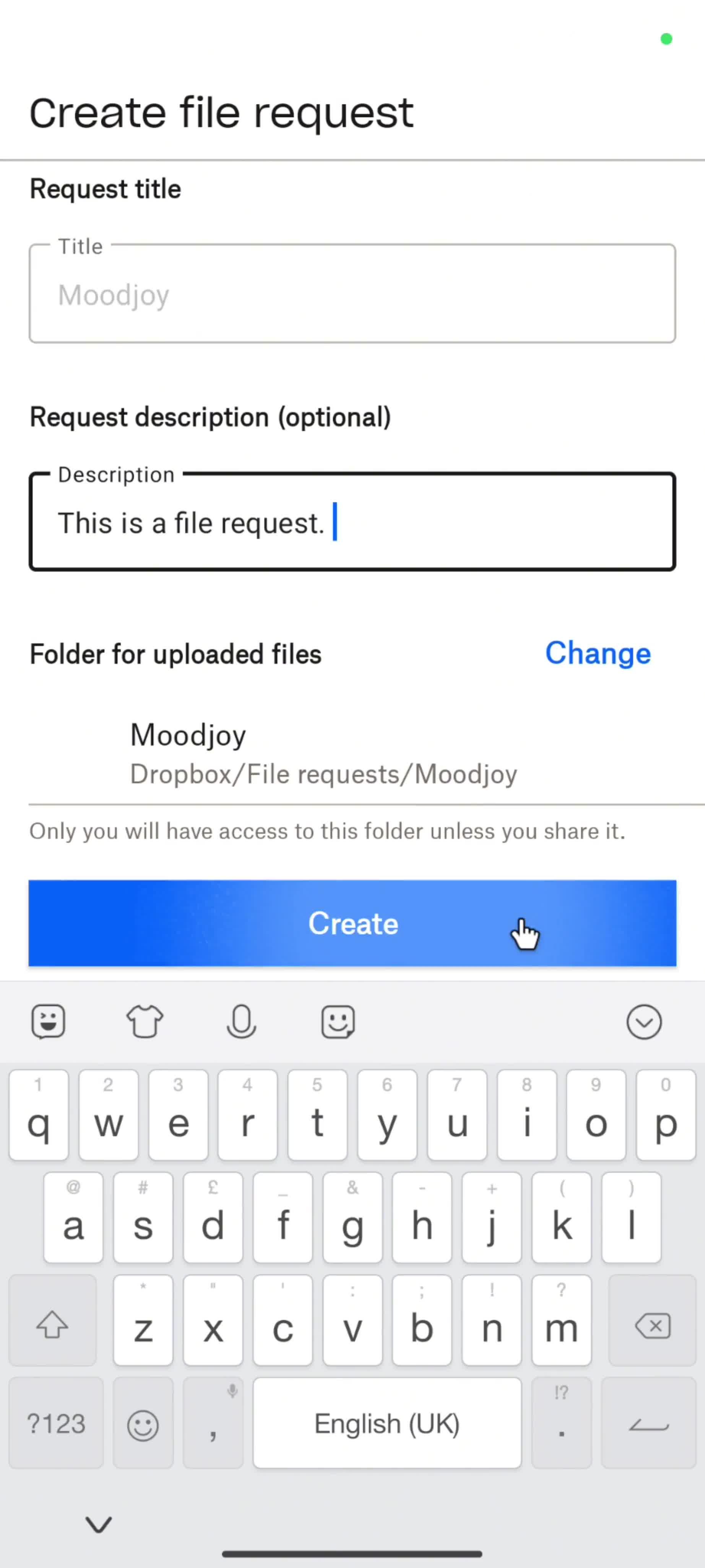Creating a file request screenshot