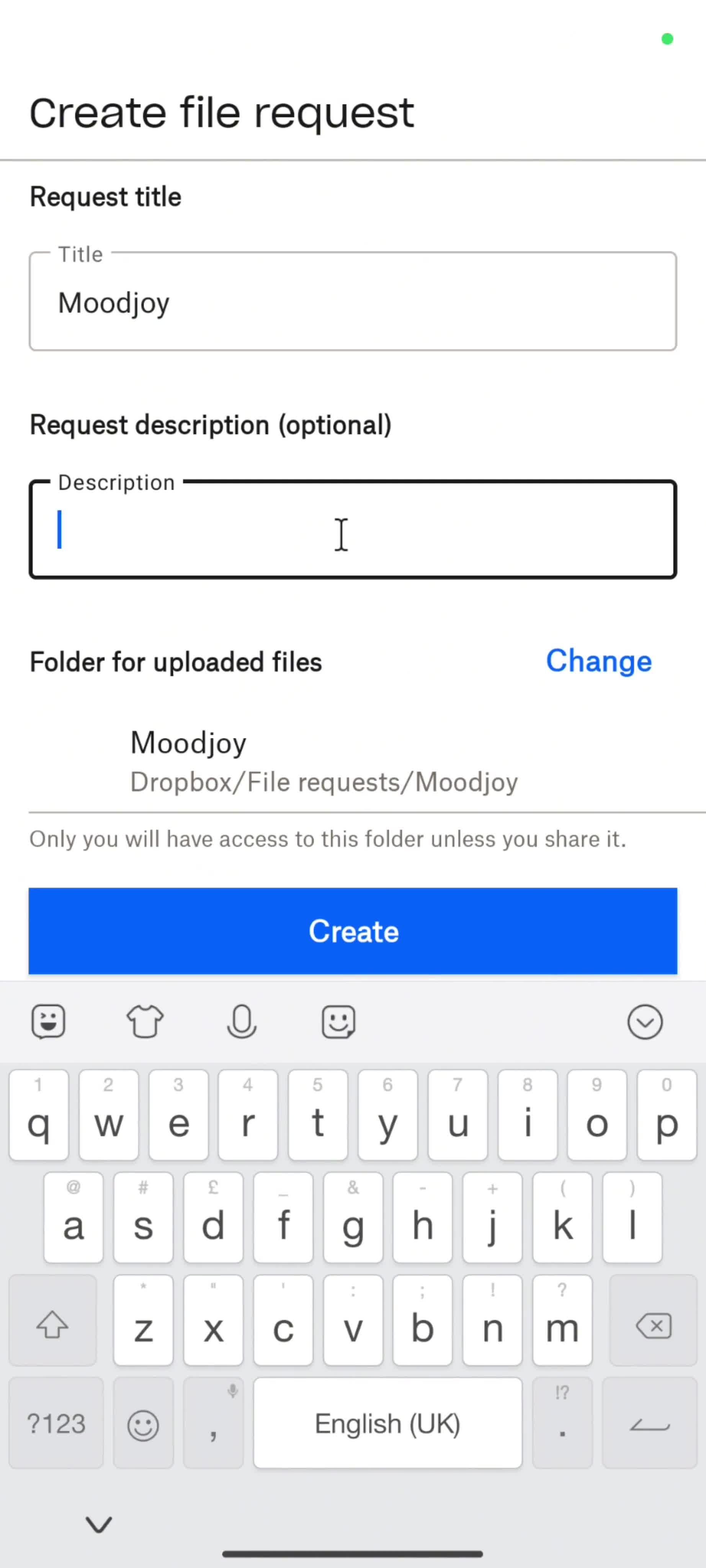 Creating a file request screenshot