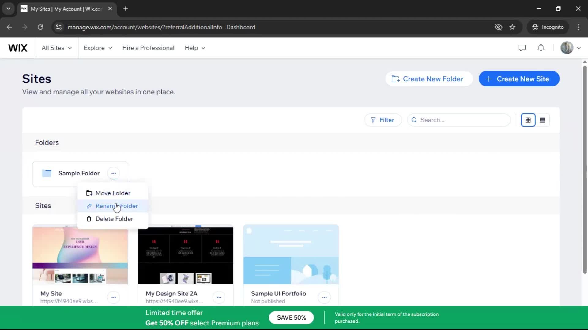 Creating a folder on Wix video thumbnail