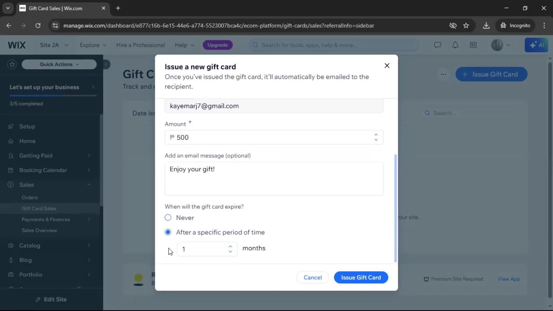 Creating a gift card screenshot
