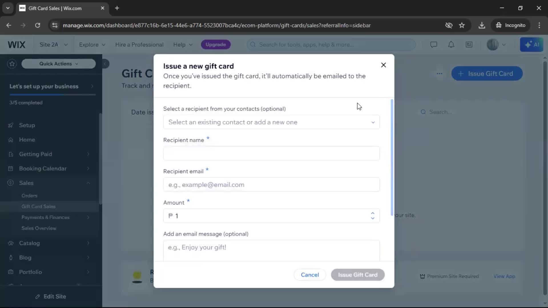 Creating a gift card screenshot
