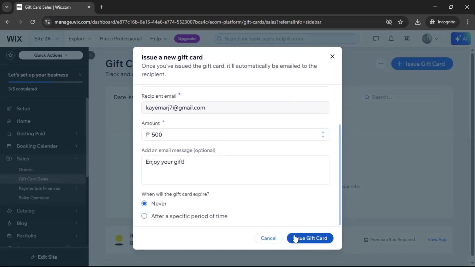 Creating a gift card screenshot