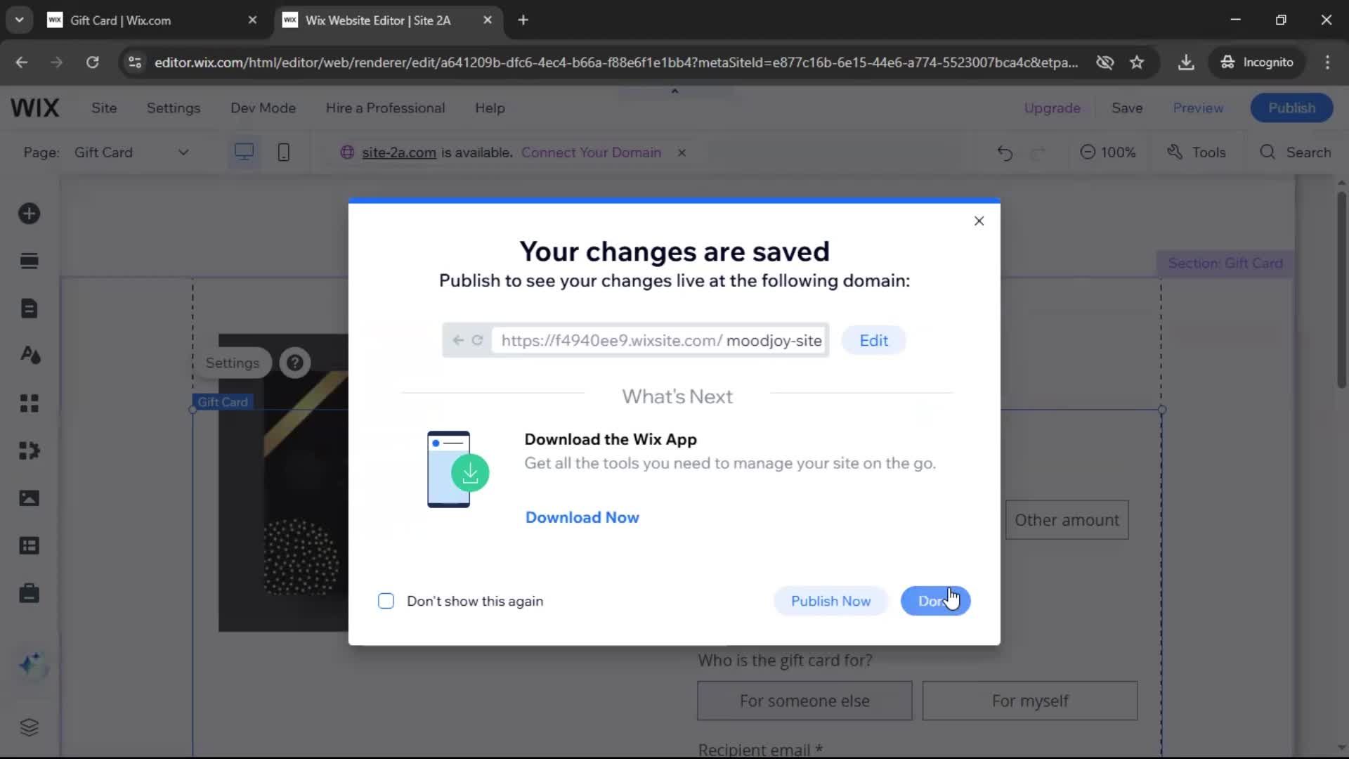 Creating a gift card screenshot