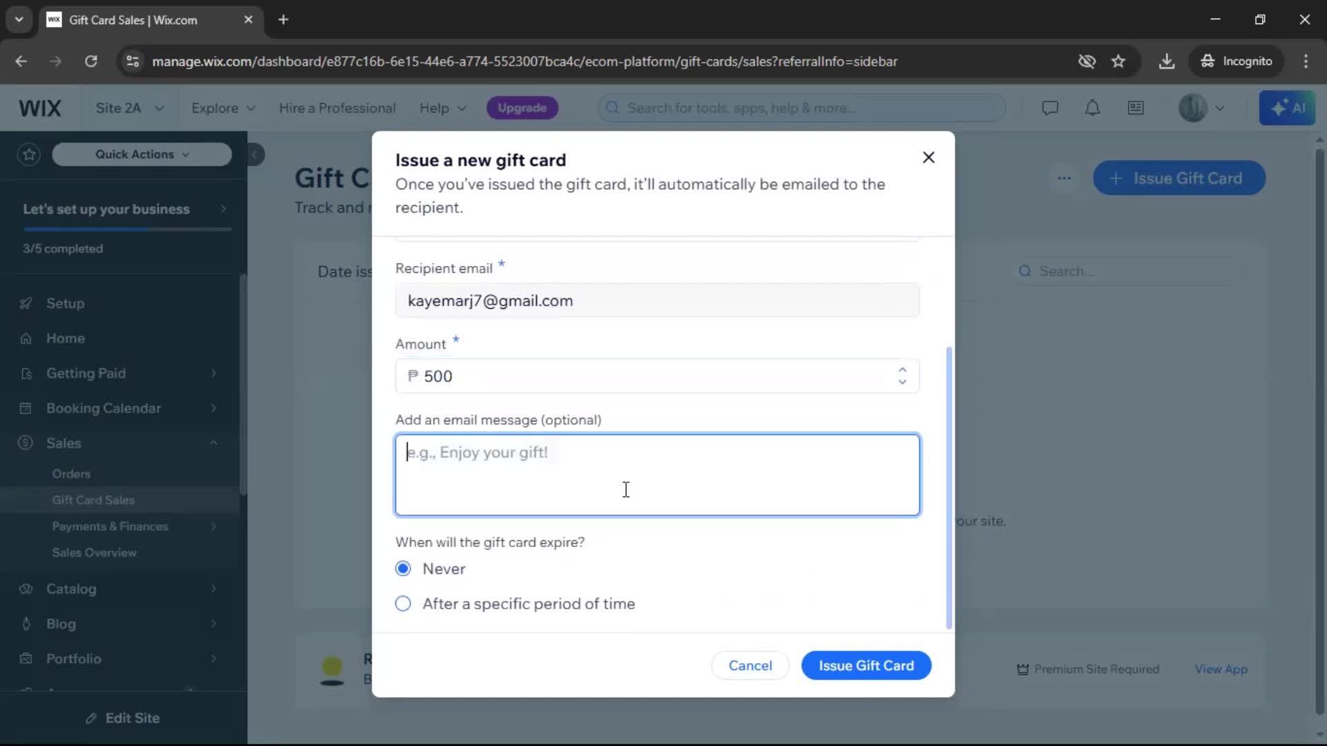 Creating a gift card screenshot