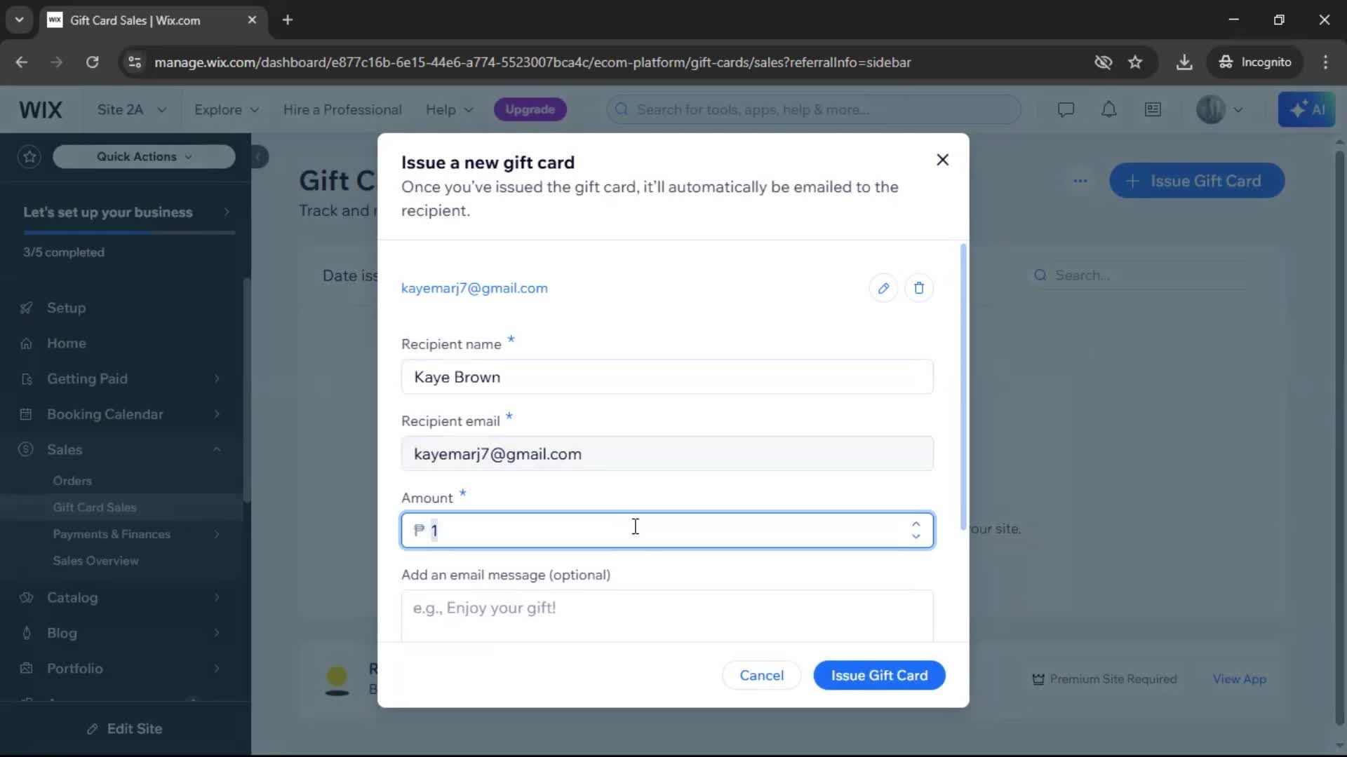 Creating a gift card screenshot