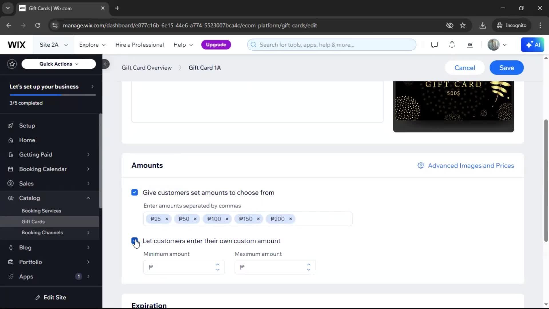 Creating a gift card screenshot