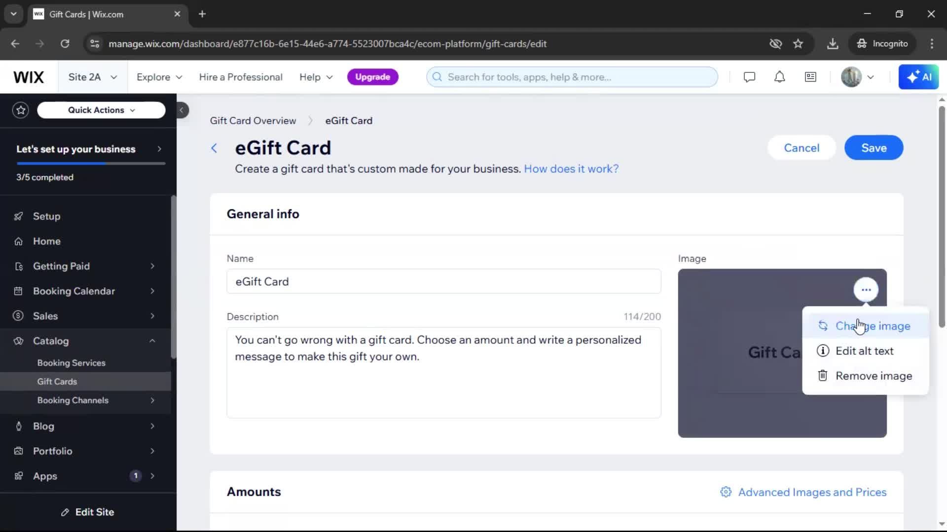 Creating a gift card screenshot