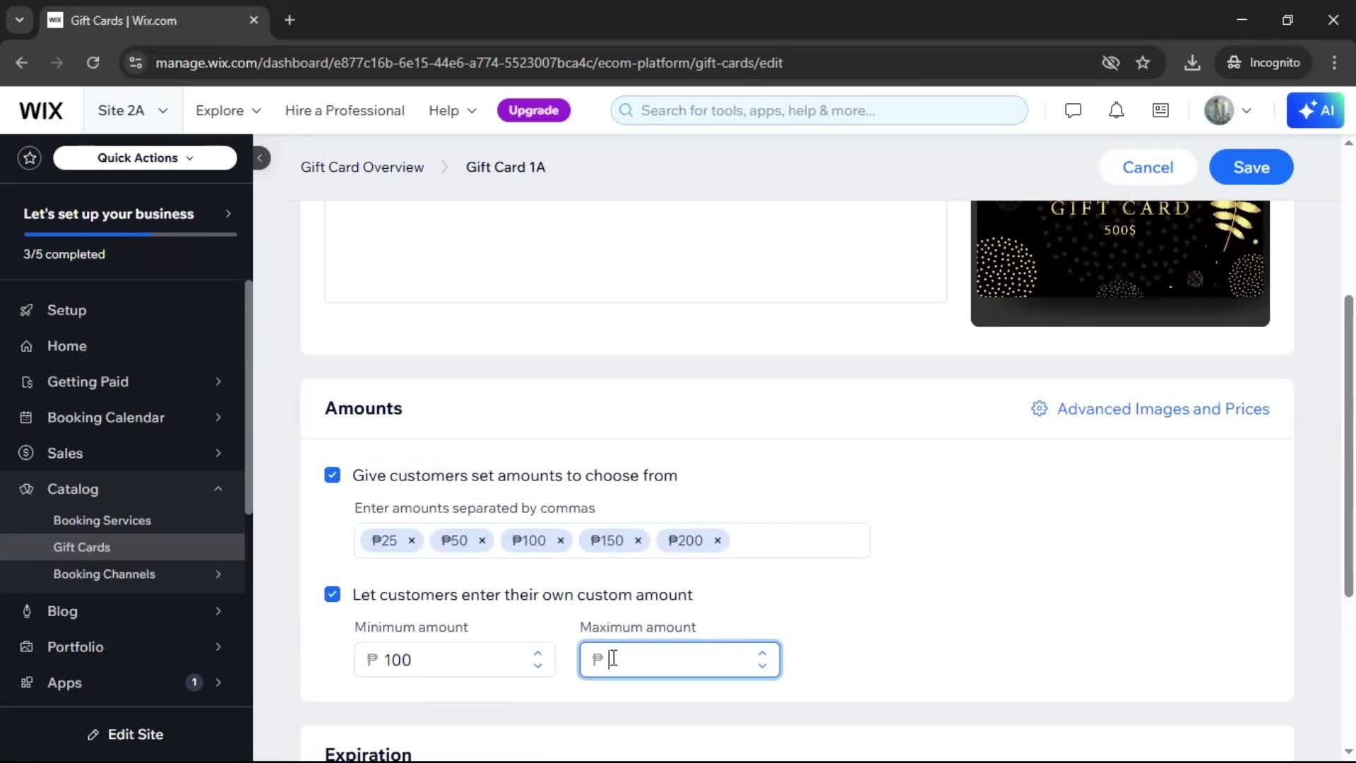 Creating a gift card screenshot