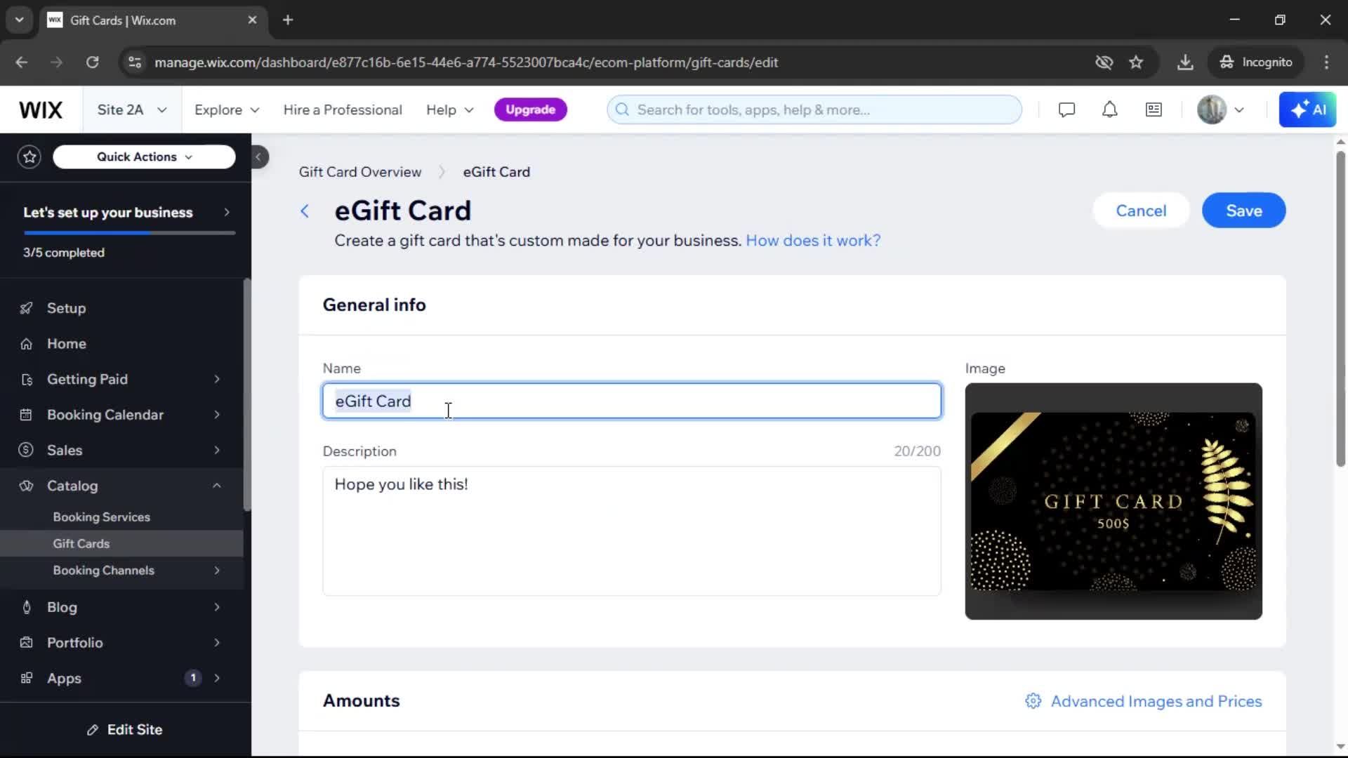 Creating a gift card screenshot