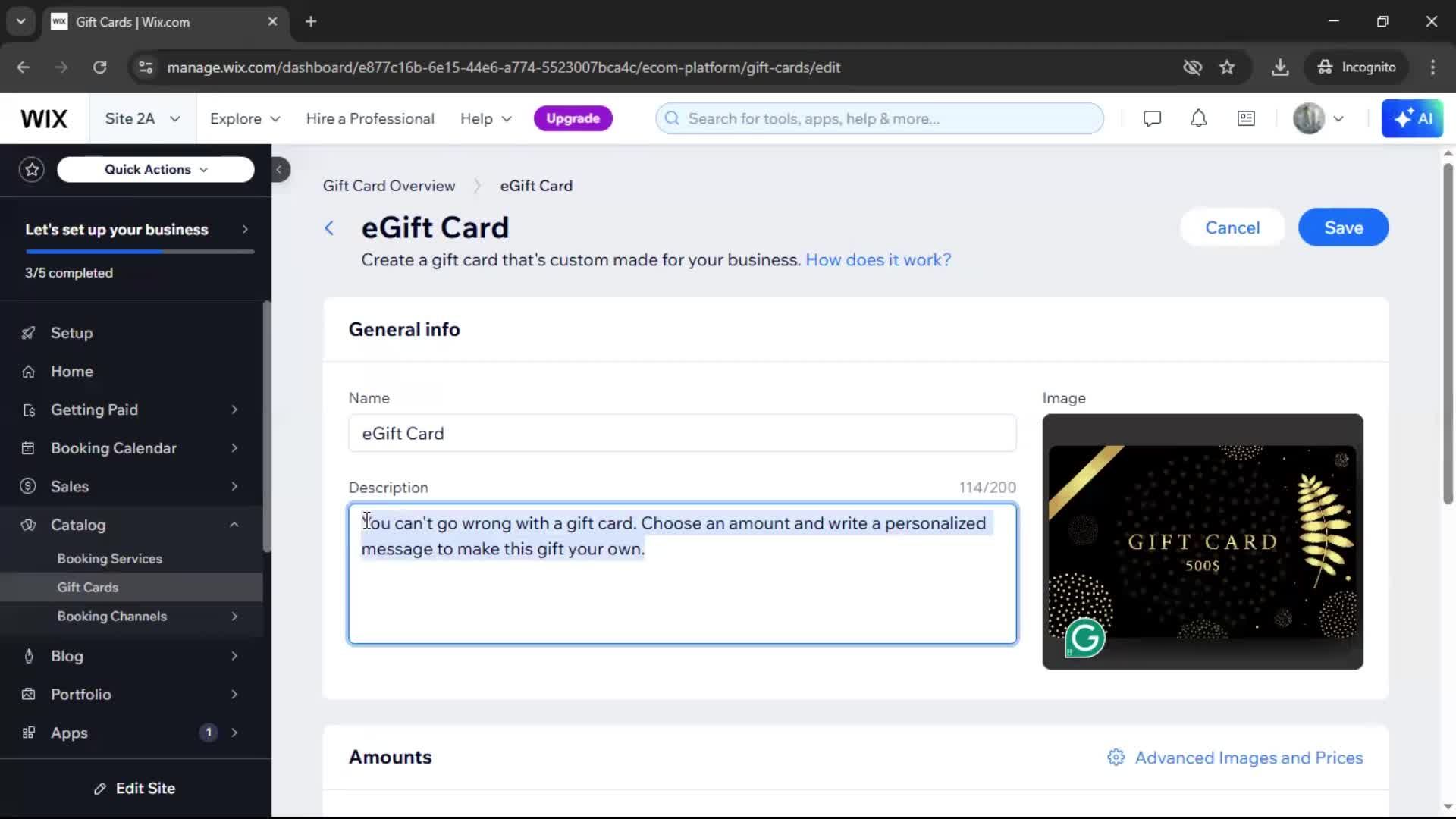 Creating a gift card screenshot