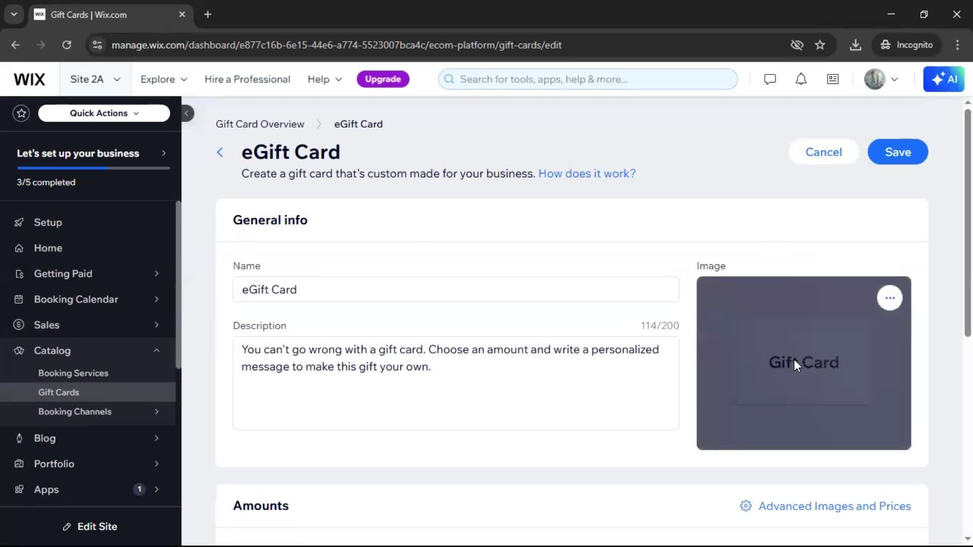 Creating a gift card screenshot