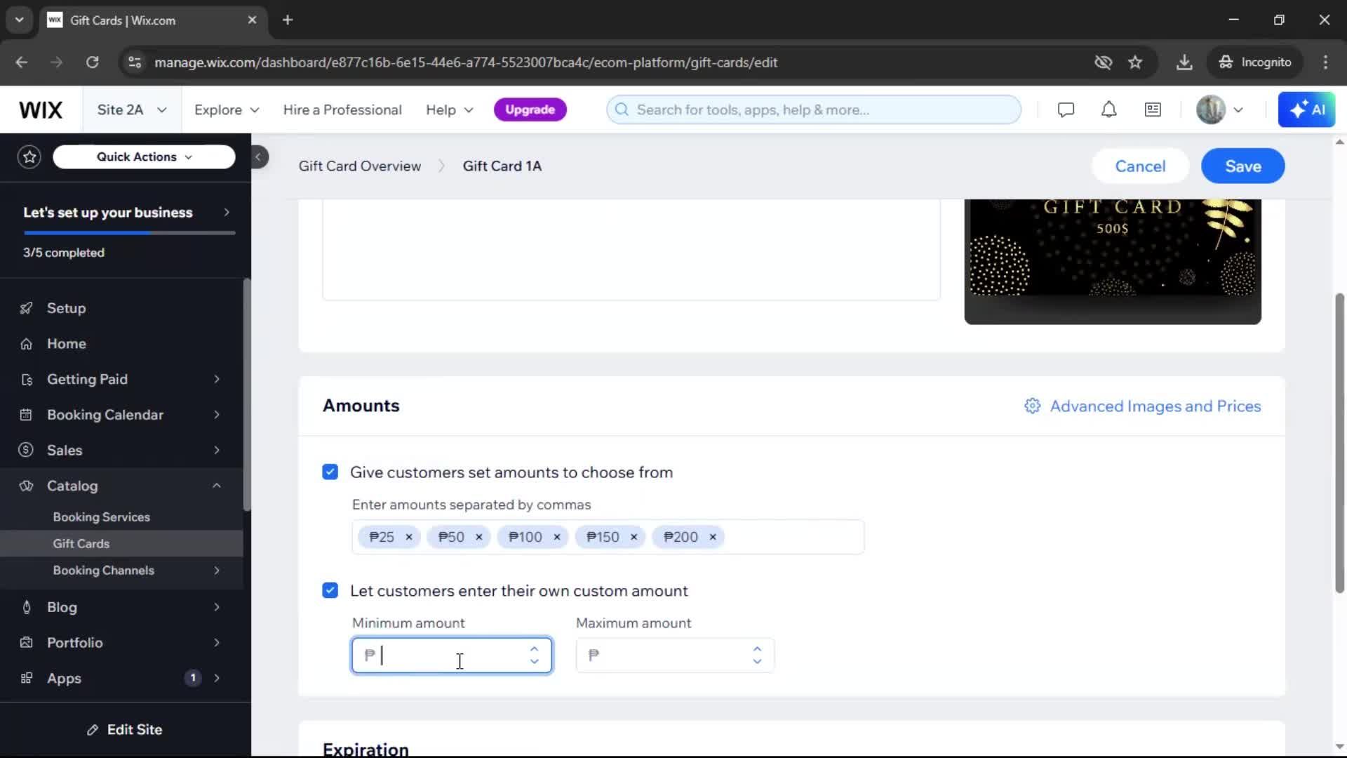Creating a gift card screenshot