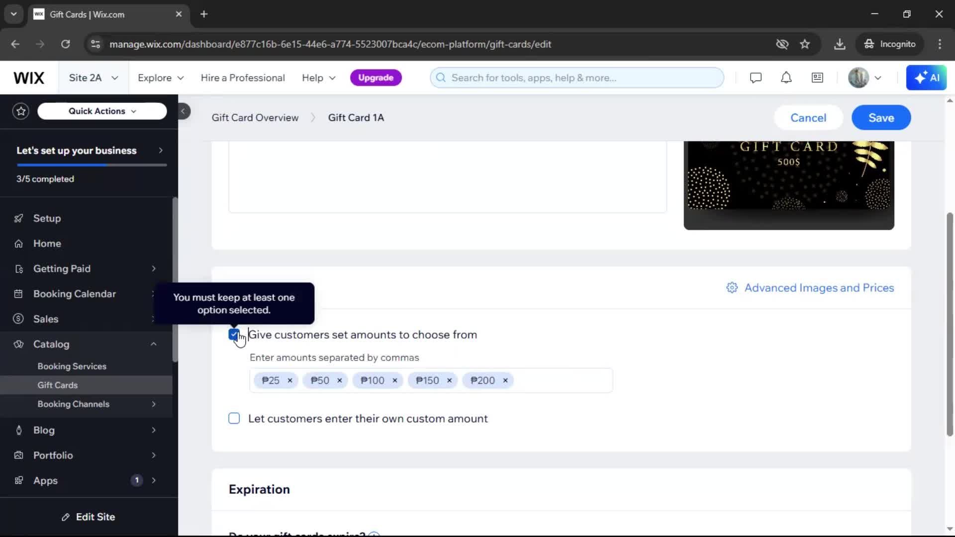 Creating a gift card screenshot