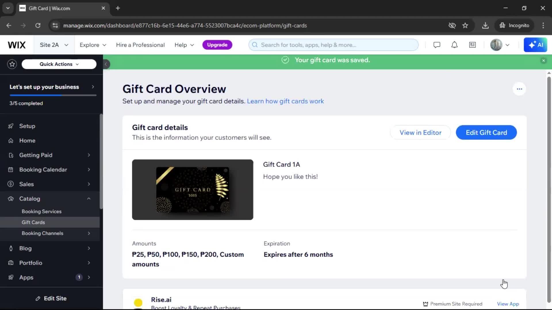 Creating a gift card screenshot
