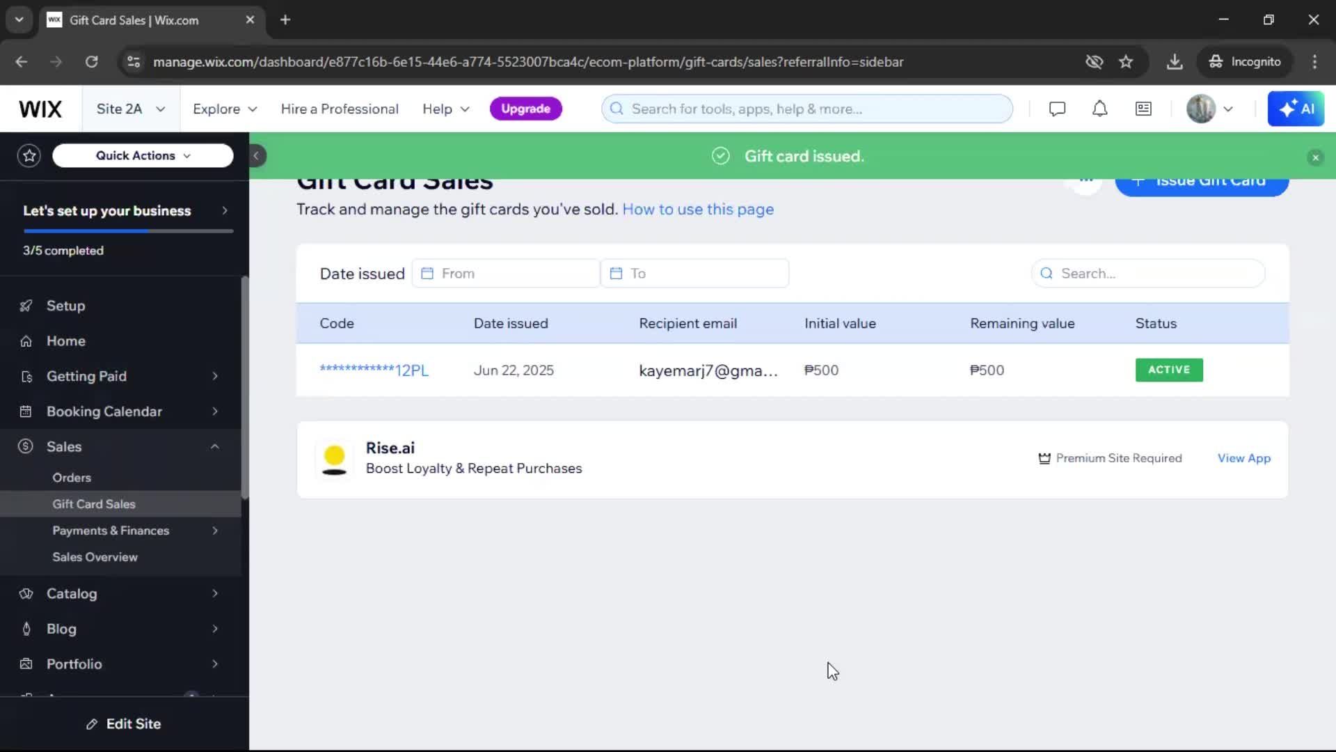 Creating a gift card screenshot
