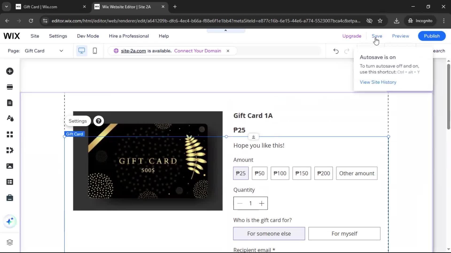 Creating a gift card screenshot