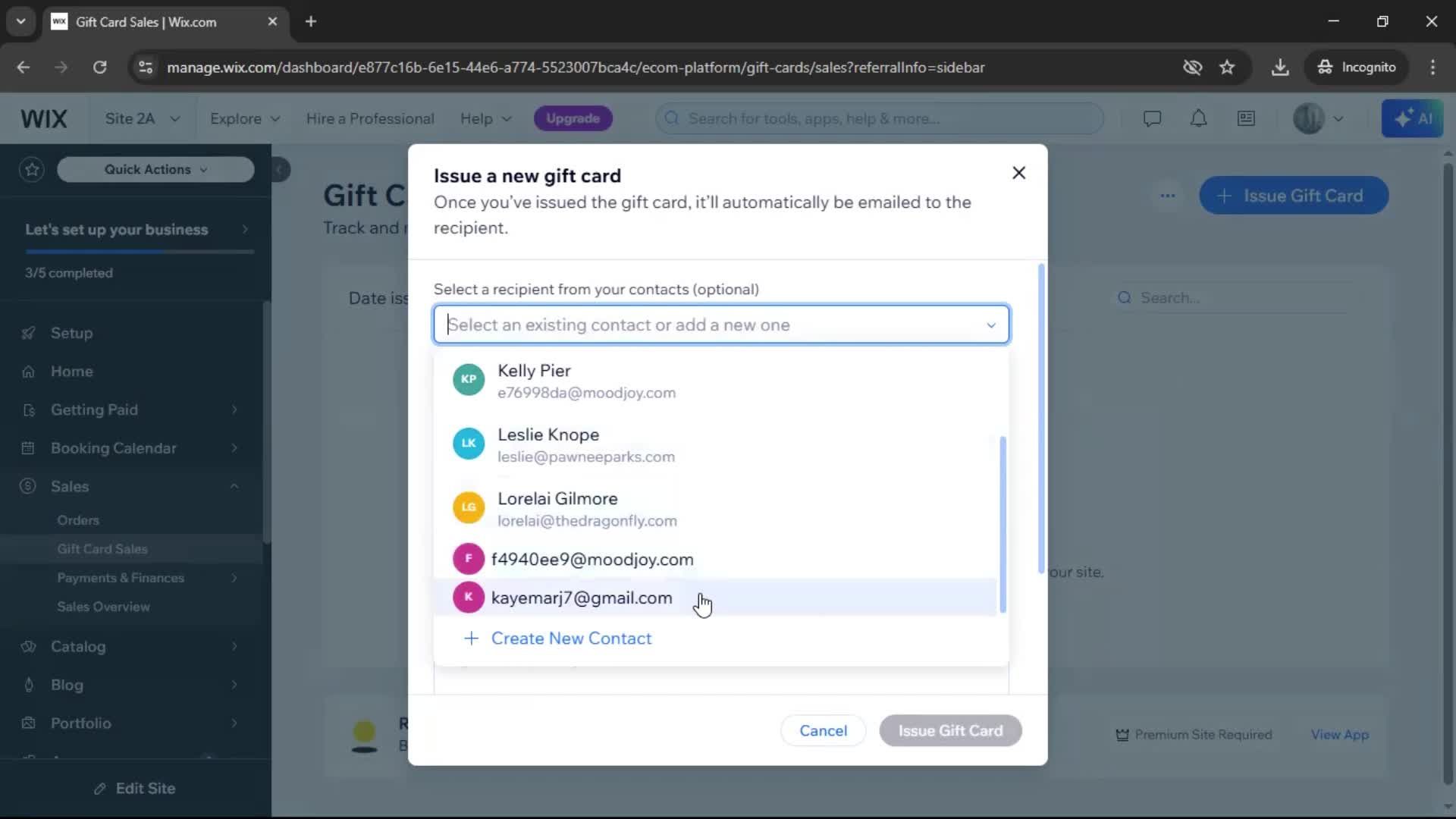 Creating a gift card screenshot