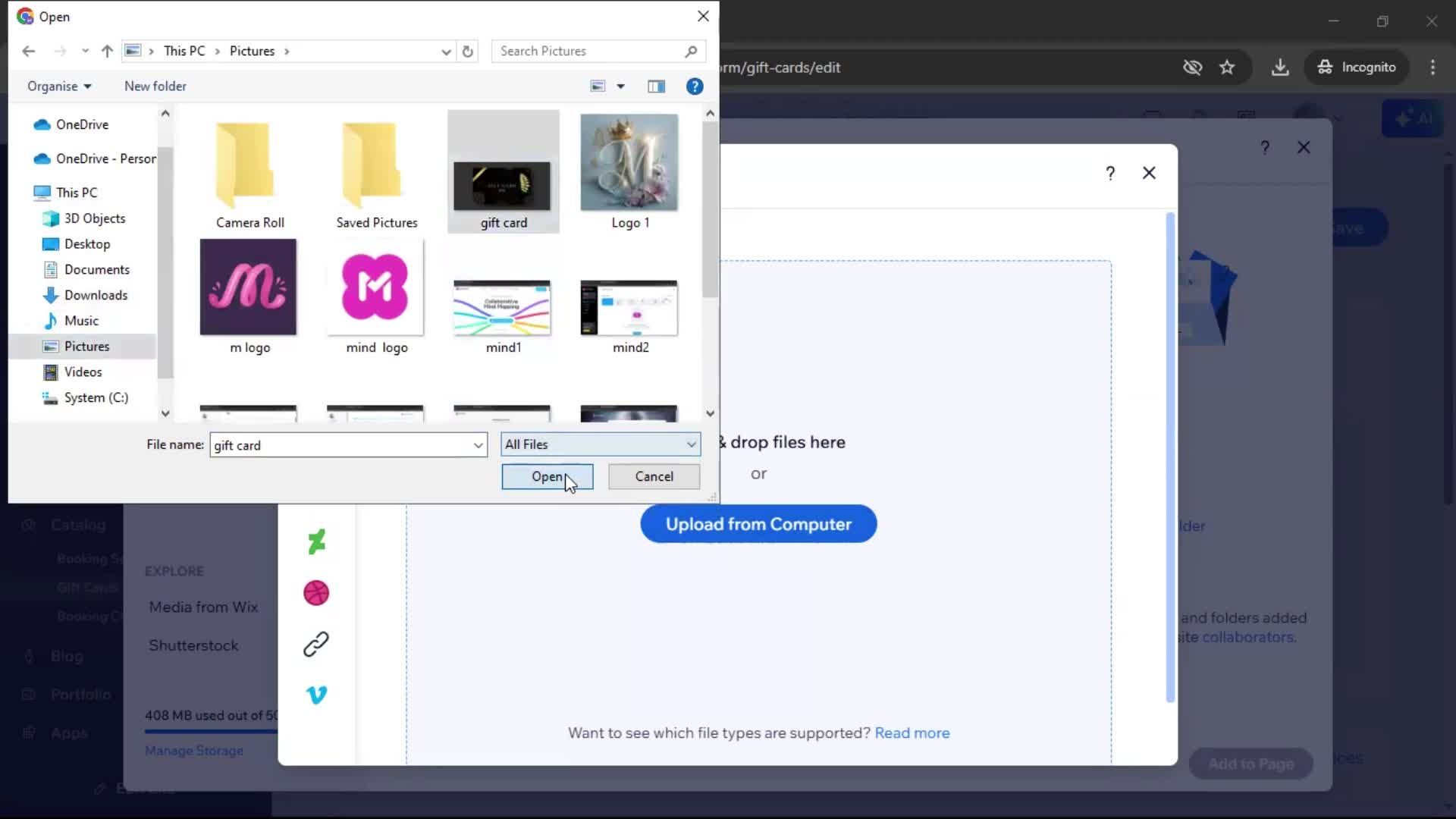 Creating a gift card screenshot