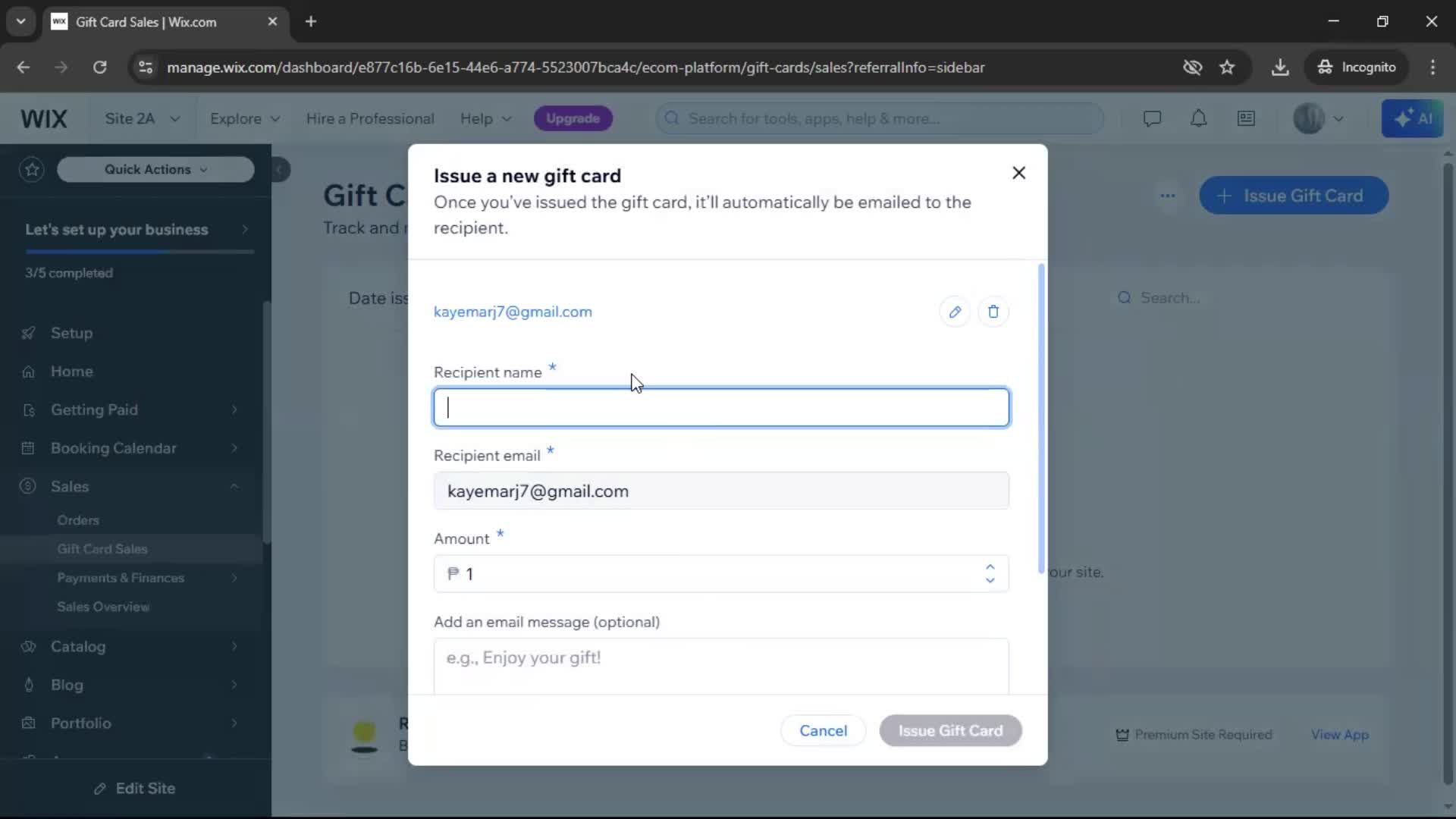 Creating a gift card screenshot