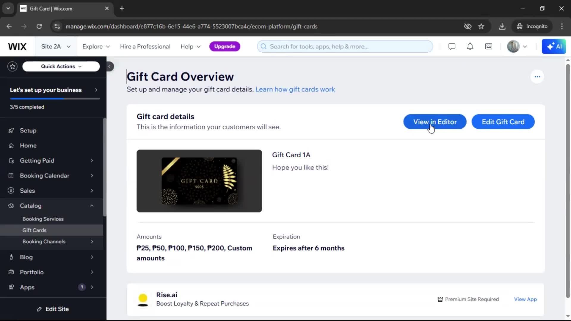 Creating a gift card screenshot