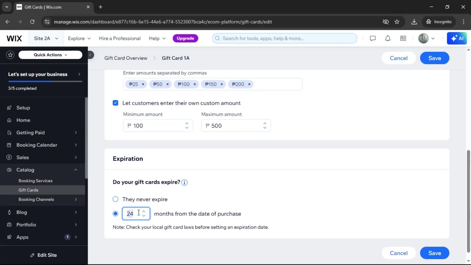 Creating a gift card screenshot