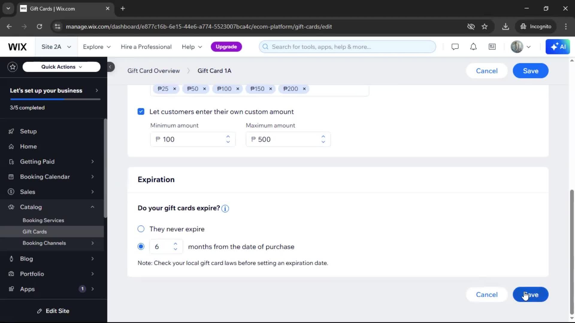 Creating a gift card screenshot
