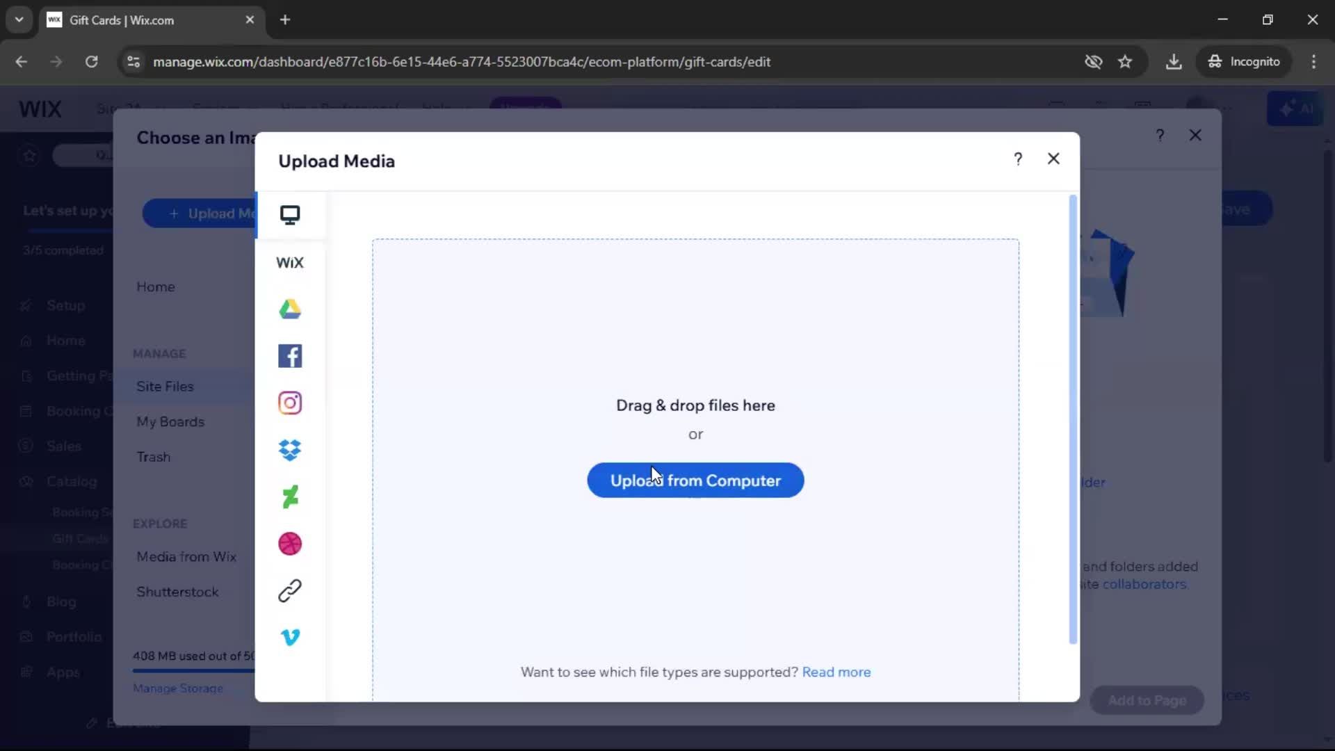 Creating a gift card screenshot
