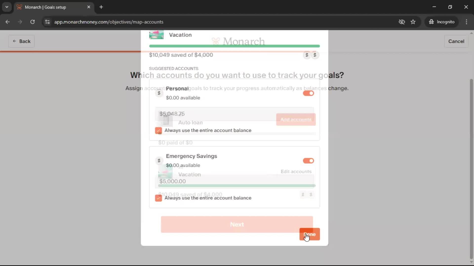 Setting goals screenshot