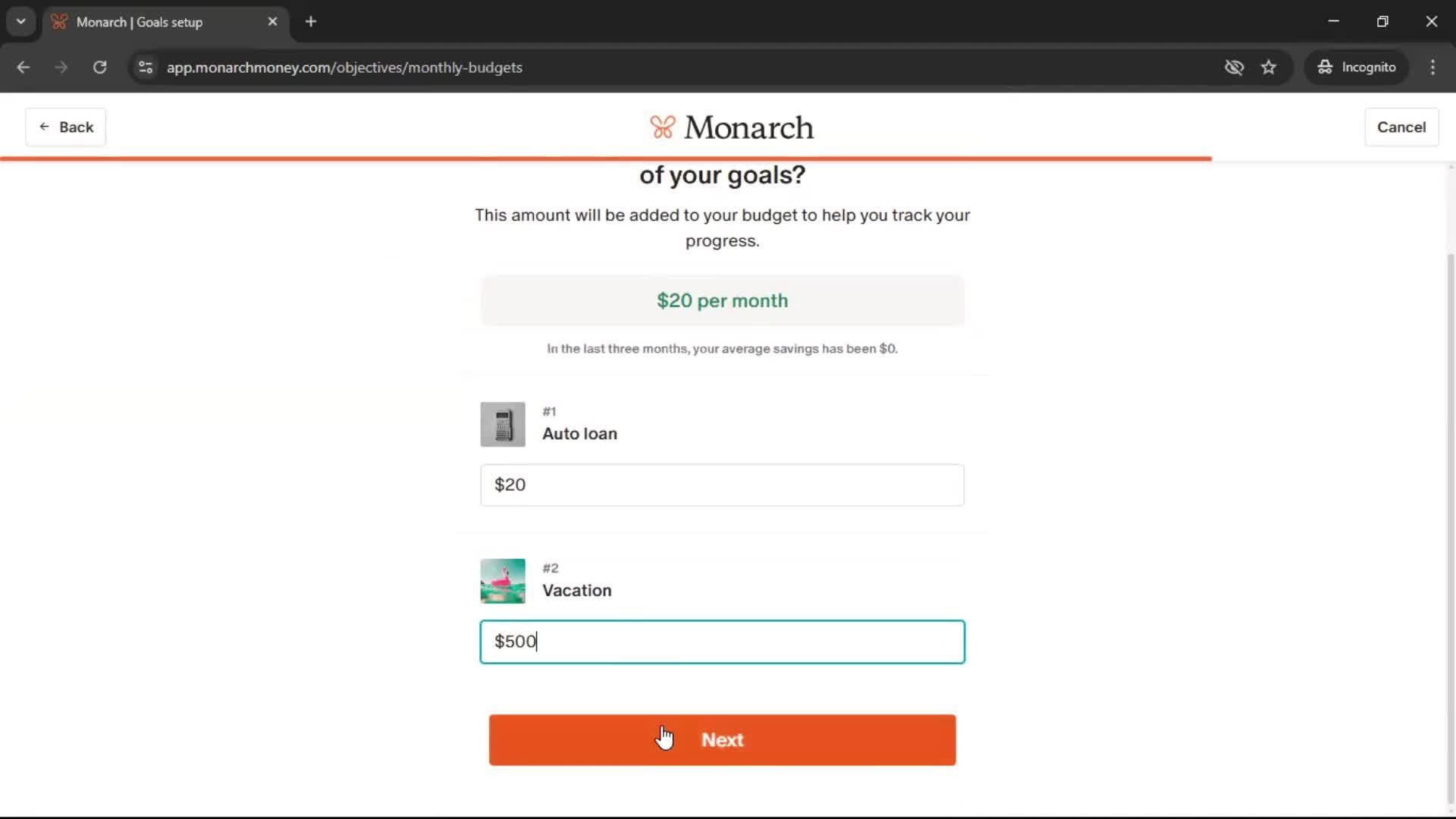 Setting goals screenshot