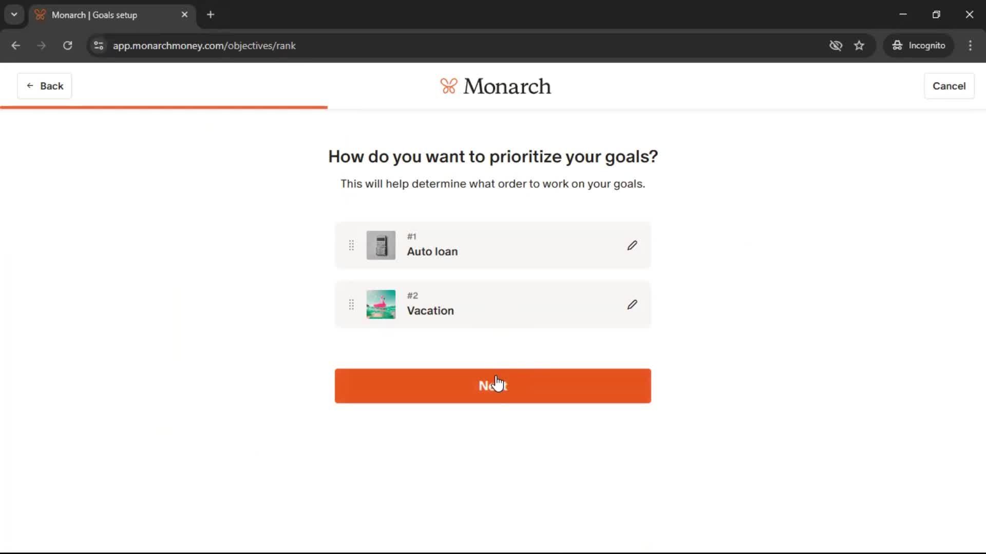 Setting goals screenshot