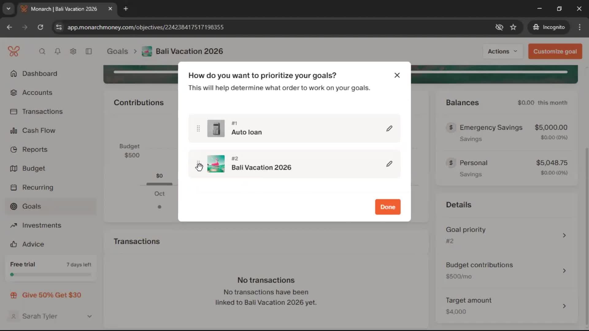 Setting goals screenshot